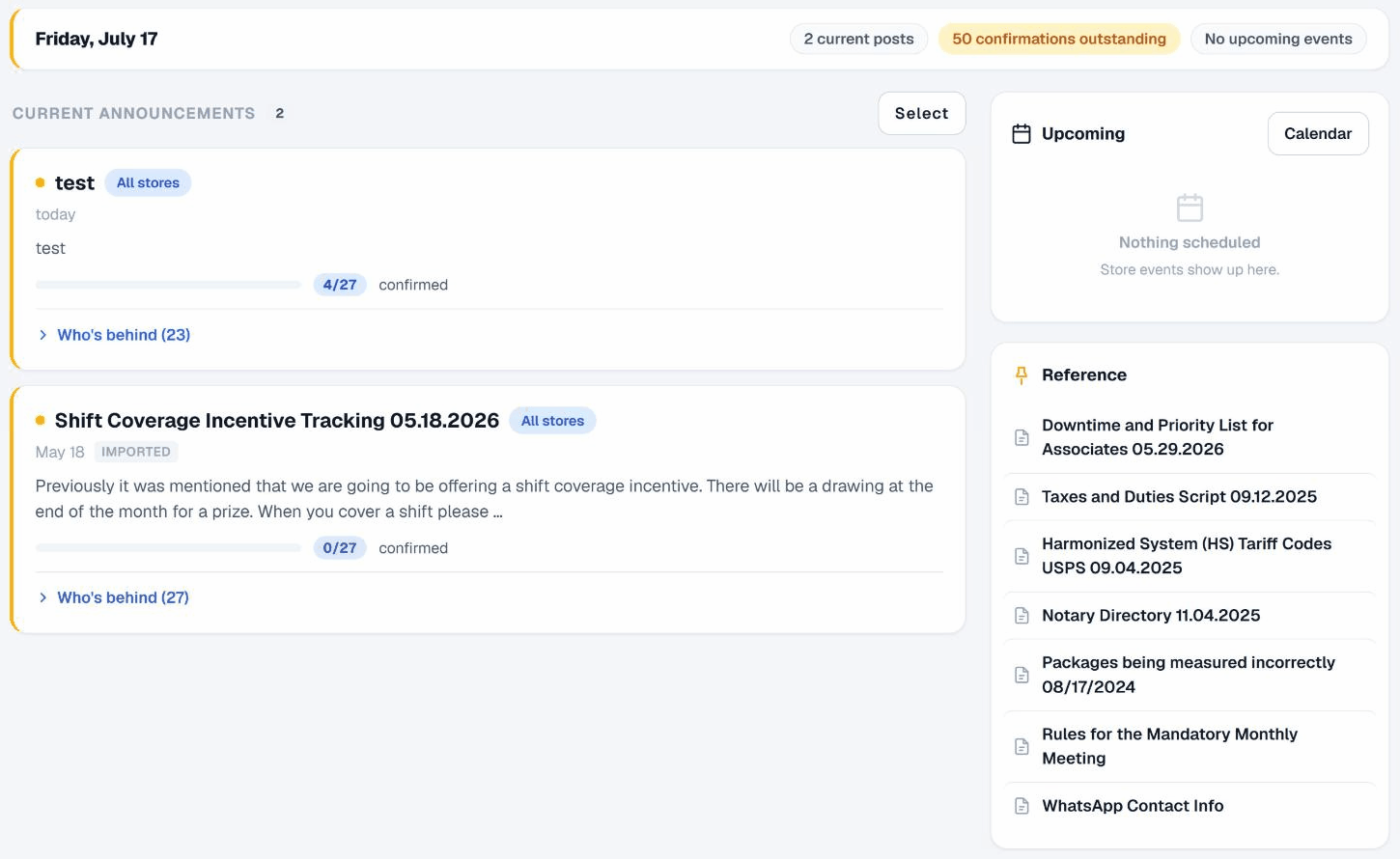 Announcements board with briefing bar and read confirmations