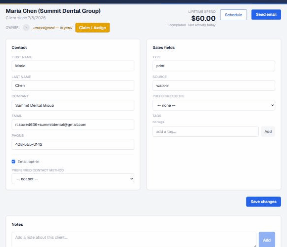 CRM client profile showing lifetime spend updated automatically