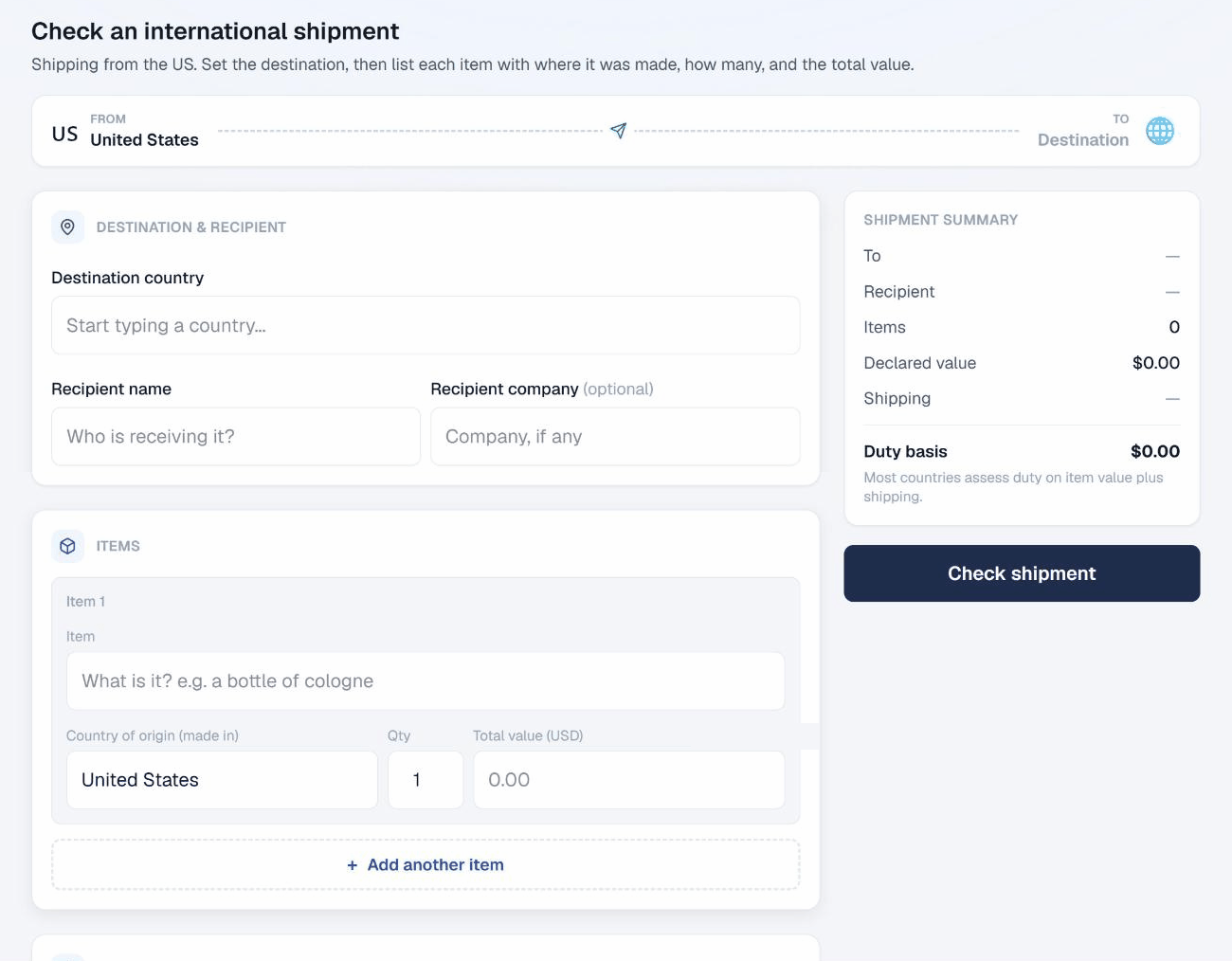 International shipping check with verdict card and per-item notes