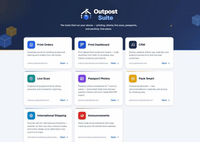 The Outpost Suite launcher with permission-filtered app tiles