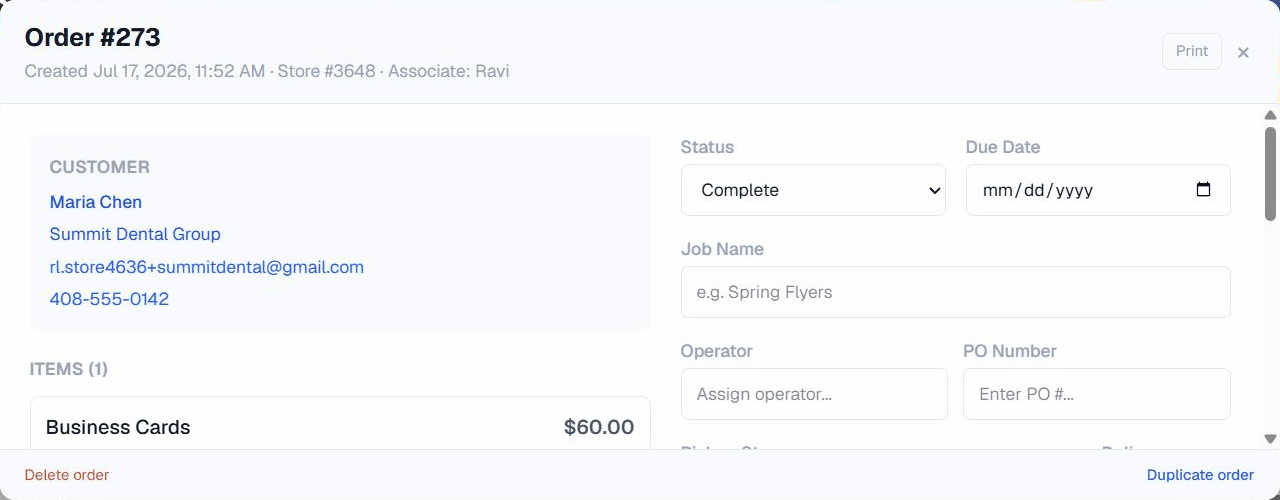 Order detail panel with items, status, and payments