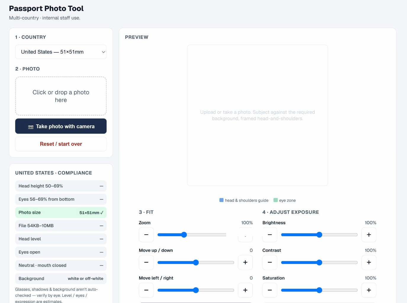 Passport photo editor with live compliance readouts